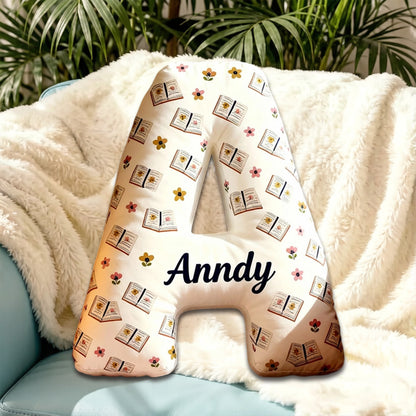 Personalized Floral Books Alphabet Pillow with Custom Name, Retro Book Letter Throw Cushion, Gift for Kids, Girls, Boys & Book Lovers
