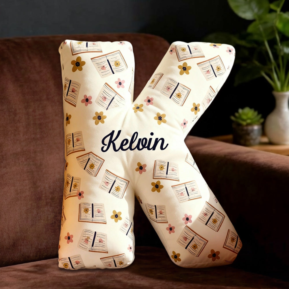 Personalized Floral Books Alphabet Pillow with Custom Name, Retro Book Letter Throw Cushion, Gift for Kids, Girls, Boys & Book Lovers