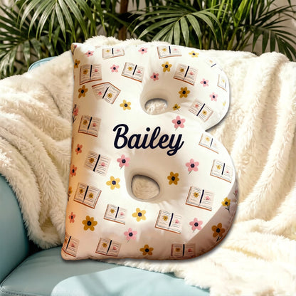 Personalized Floral Books Alphabet Pillow with Custom Name, Retro Book Letter Throw Cushion, Gift for Kids, Girls, Boys & Book Lovers