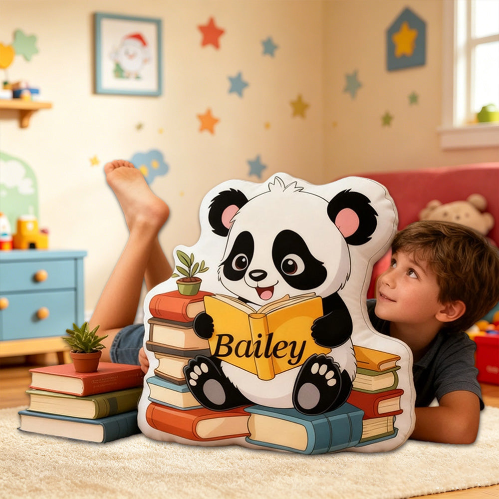 Personalized Cute Panda Reading Pages Pillow with Custom Name, Book Lover Throw Cushion, Gift for Kids & Reading Lovers