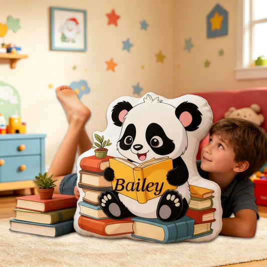 Personalized Cute Panda Reading Pages Pillow with Custom Name, Book Lover Throw Cushion, Gift for Kids & Reading Lovers