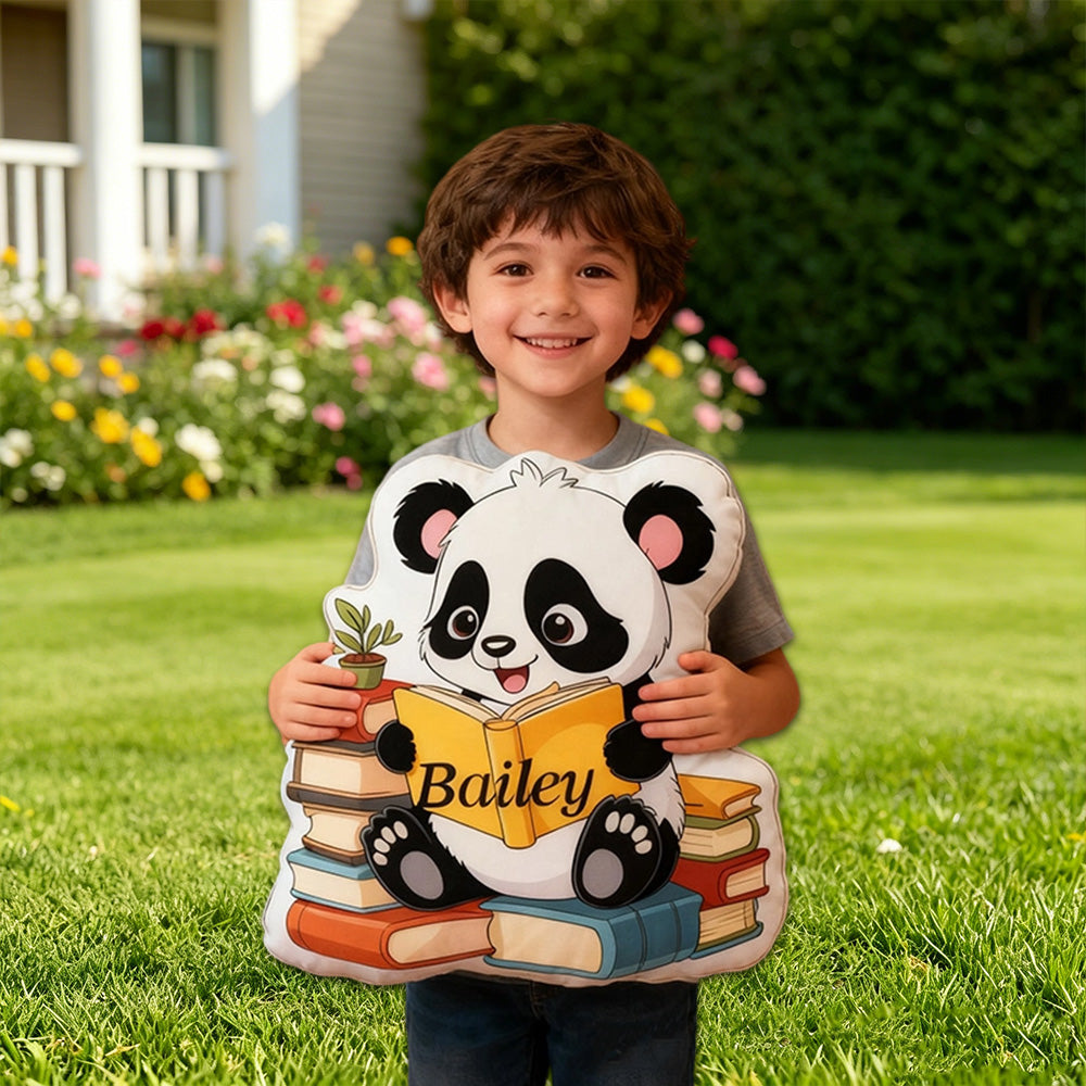 Personalized Cute Panda Reading Pages Pillow with Custom Name, Book Lover Throw Cushion, Gift for Kids & Reading Lovers