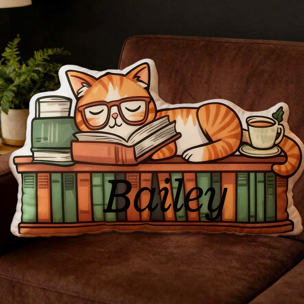 Personalized Catnap Reading Pillow with Custom Name, Cute Cat Book Lover Throw Cushion, Gift for Readers & Book Lovers