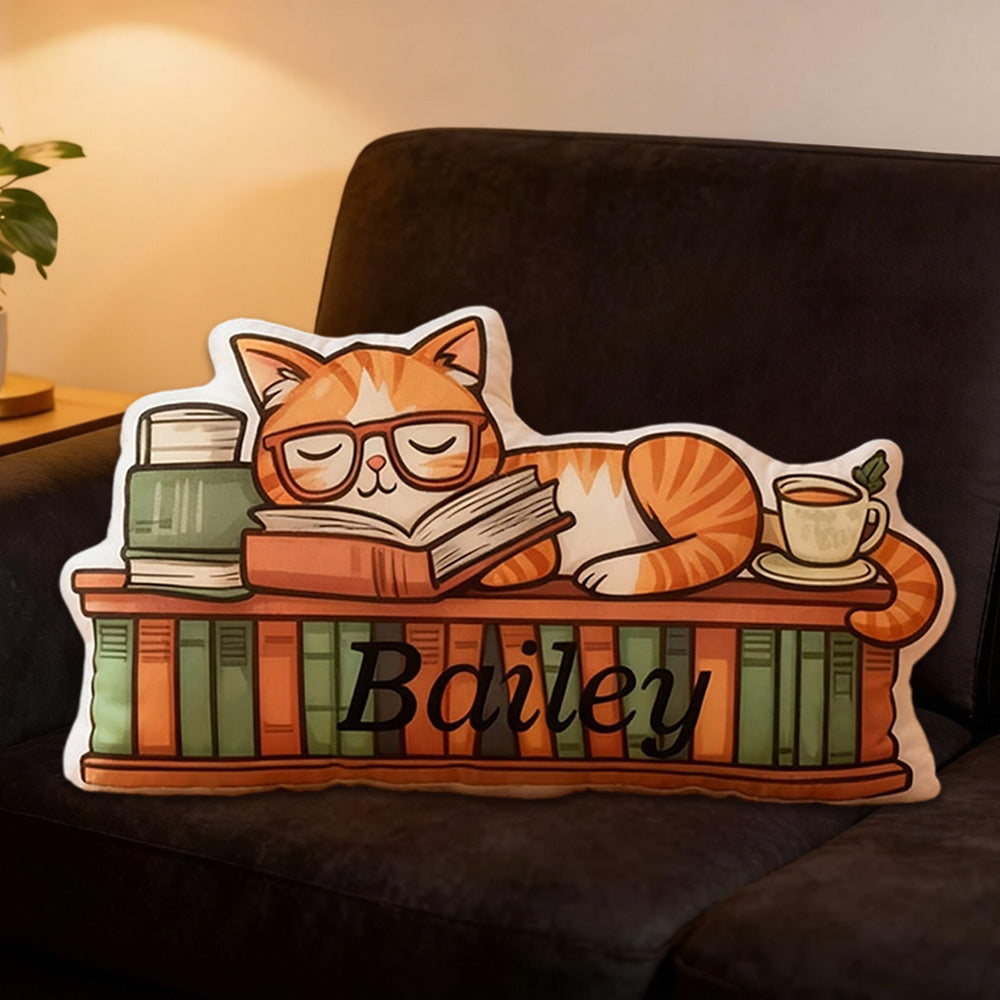 Personalized Catnap Reading Pillow with Custom Name, Cute Cat Book Lover Throw Cushion, Gift for Readers & Book Lovers