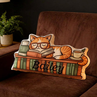 Personalized Catnap Reading Pillow with Custom Name, Cute Cat Book Lover Throw Cushion, Gift for Readers & Book Lovers