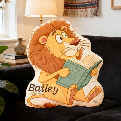 Personalized Lion’s Tale Reading Pillow with Custom Name, Book Lover Throw Cushion, Gift for Kids & Reading Lovers