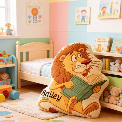 Personalized Lion’s Tale Reading Pillow with Custom Name, Book Lover Throw Cushion, Gift for Kids & Reading Lovers
