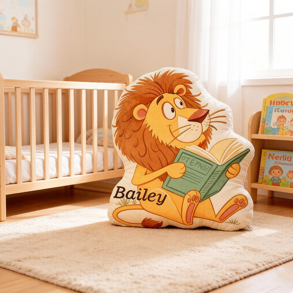 Personalized Lion’s Tale Reading Pillow with Custom Name, Book Lover Throw Cushion, Gift for Kids & Reading Lovers