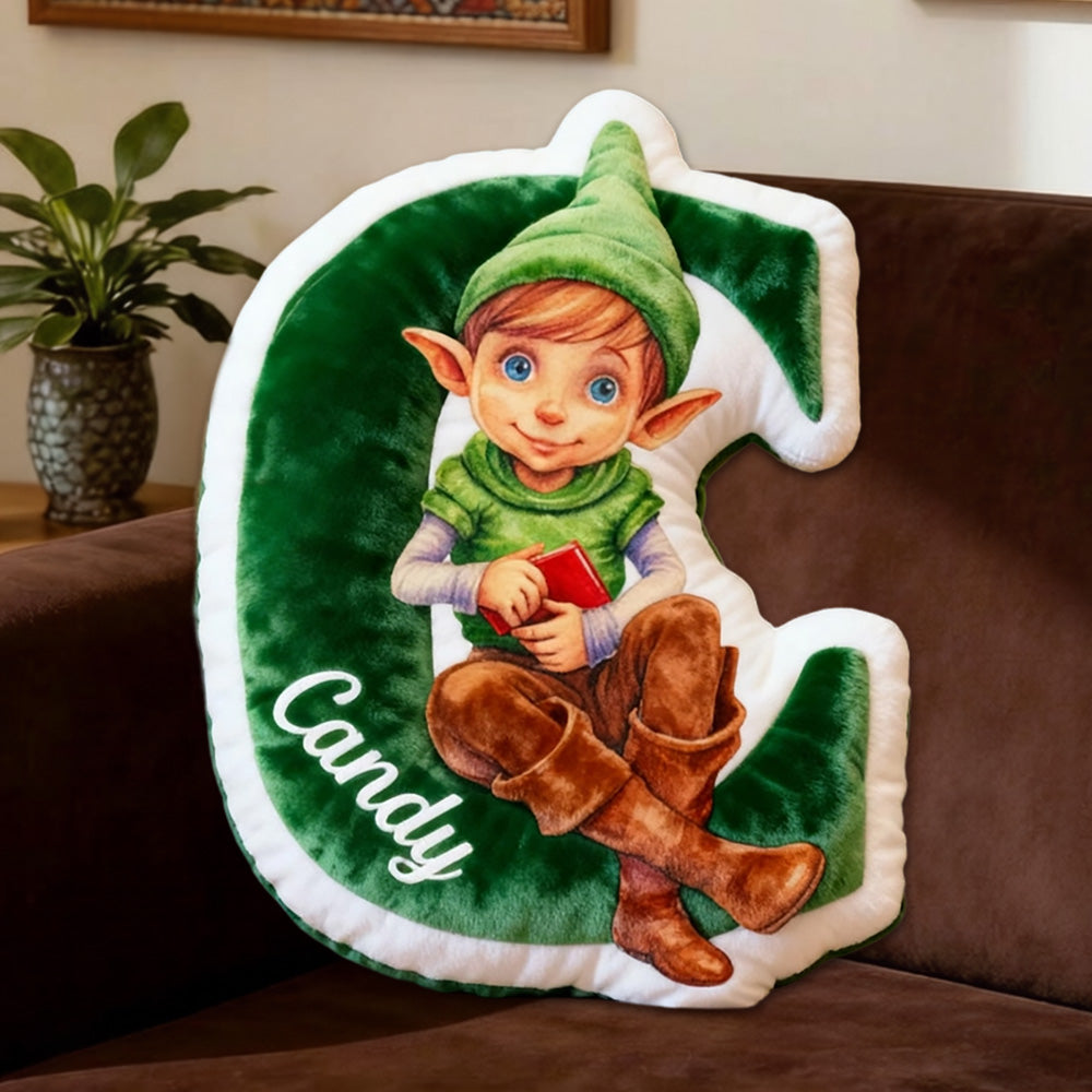 Personalized Reading Elf Alphabet Pillow with Custom Name, Book Elf Letter Throw Cushion, Gift for Kids & Book Lovers