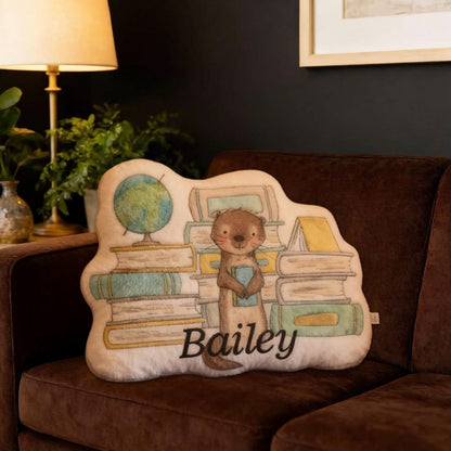 Personalized Library Critter Pillow with Custom Name, Cute Book Lover Throw Cushion, Gift for Readers & Book Lovers
