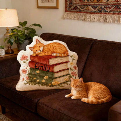 Personalized Cat Books Pillow with Custom Name, Floral Cat Reading Throw Cushion, Gift for Book Lovers & Cat Lovers
