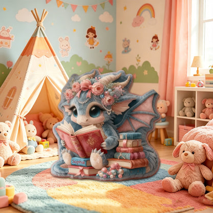 Personalized Reading Dragon Pillow with Custom Name, Cute Dragon Book Lover Throw Cushion, Gift for Readers & Kids