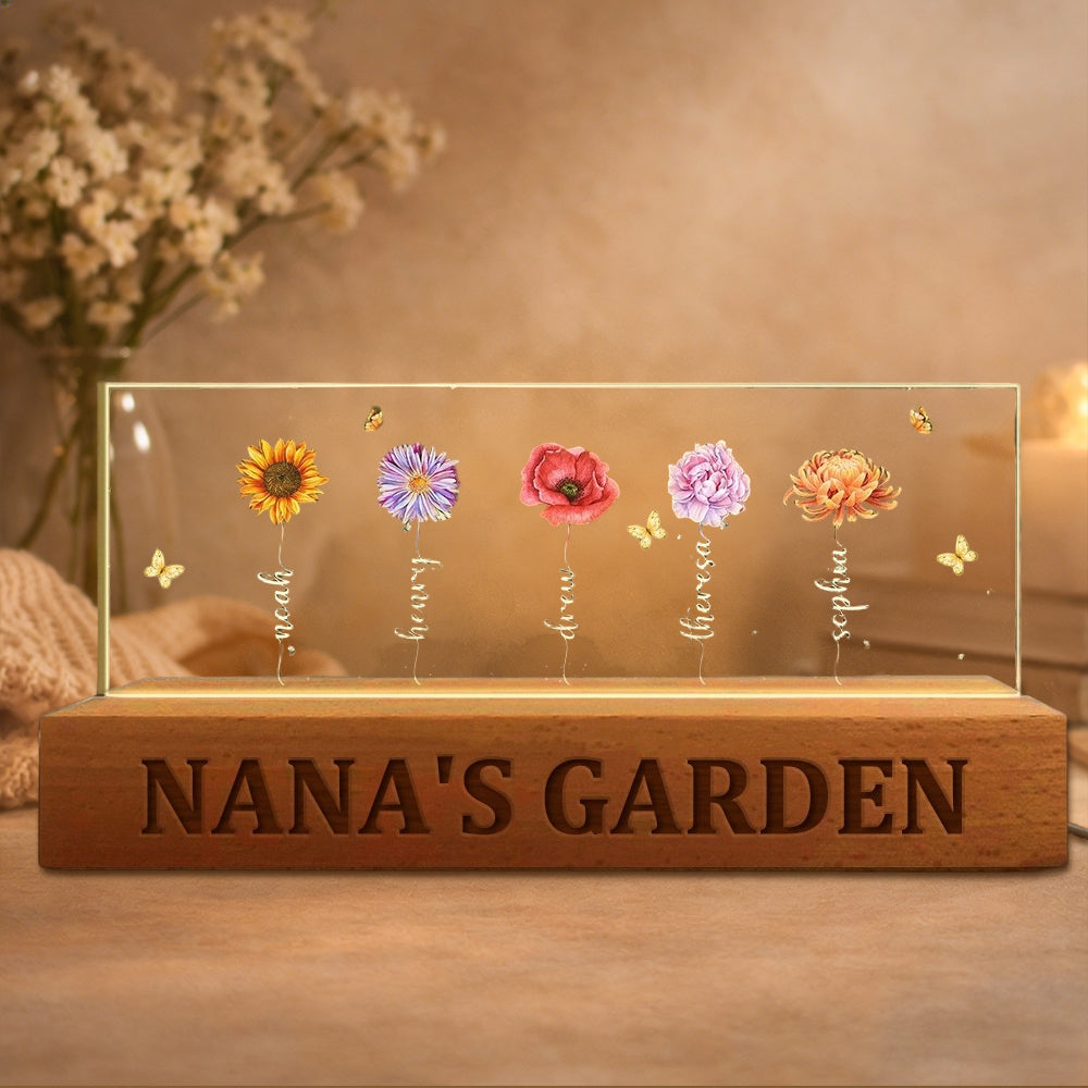 Custom Grandma's Garden Birth Flower Wood Night Light Unique Gift For Mom Grandma Christmas Gift Idea
