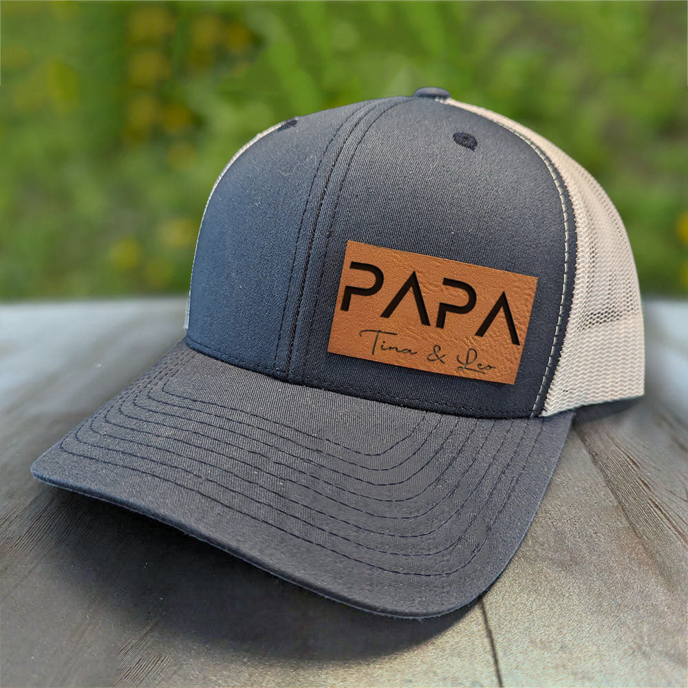 Personalized PAPA Leather Patch Trucker Hat with Kids Names Father's Day Gift