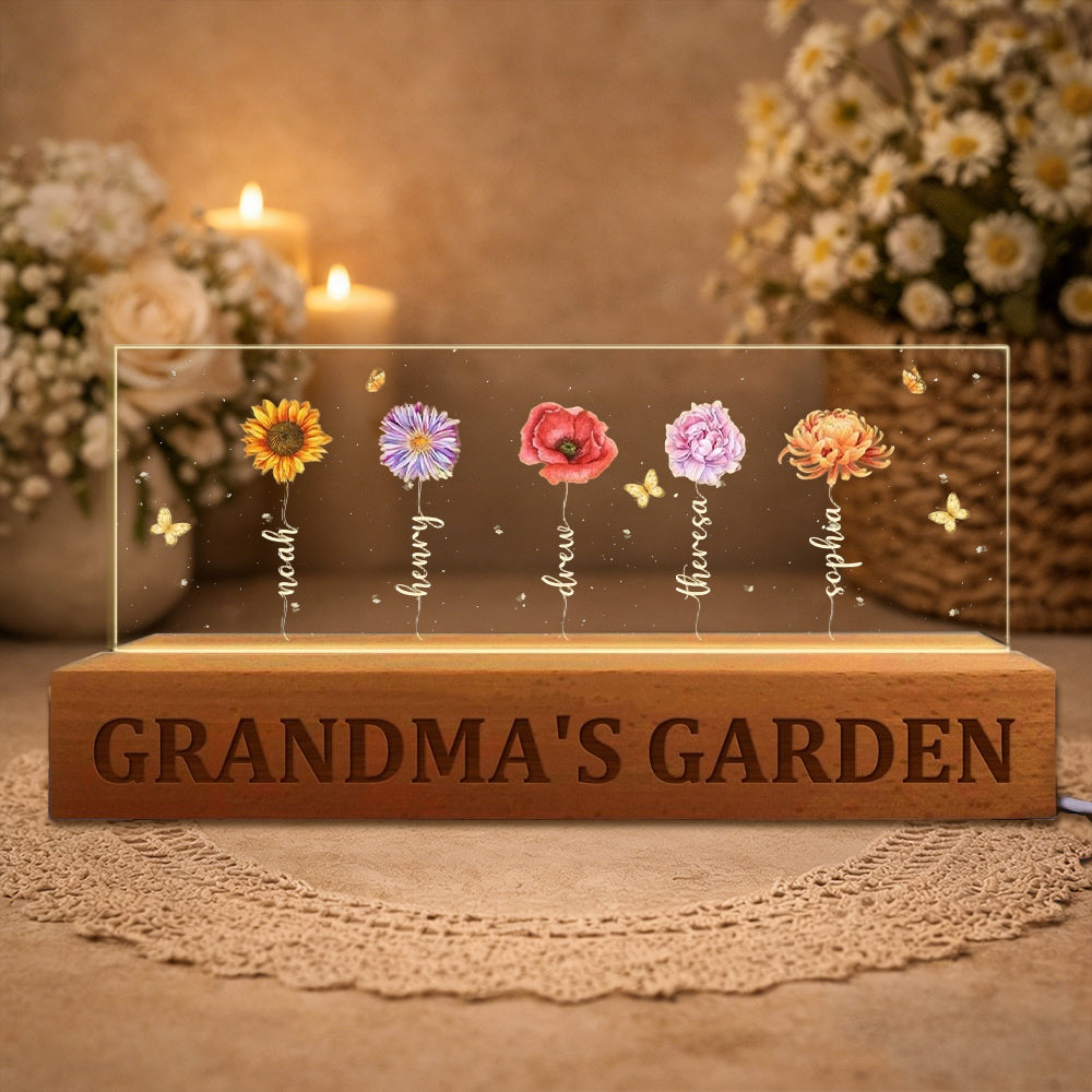 Custom Grandma's Garden Birth Flower Wood Night Light Unique Gift For Mom Grandma Christmas Gift Idea