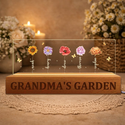 Custom Grandma's Garden Birth Flower Wood Night Light Unique Gift For Mom Grandma Christmas Gift Idea