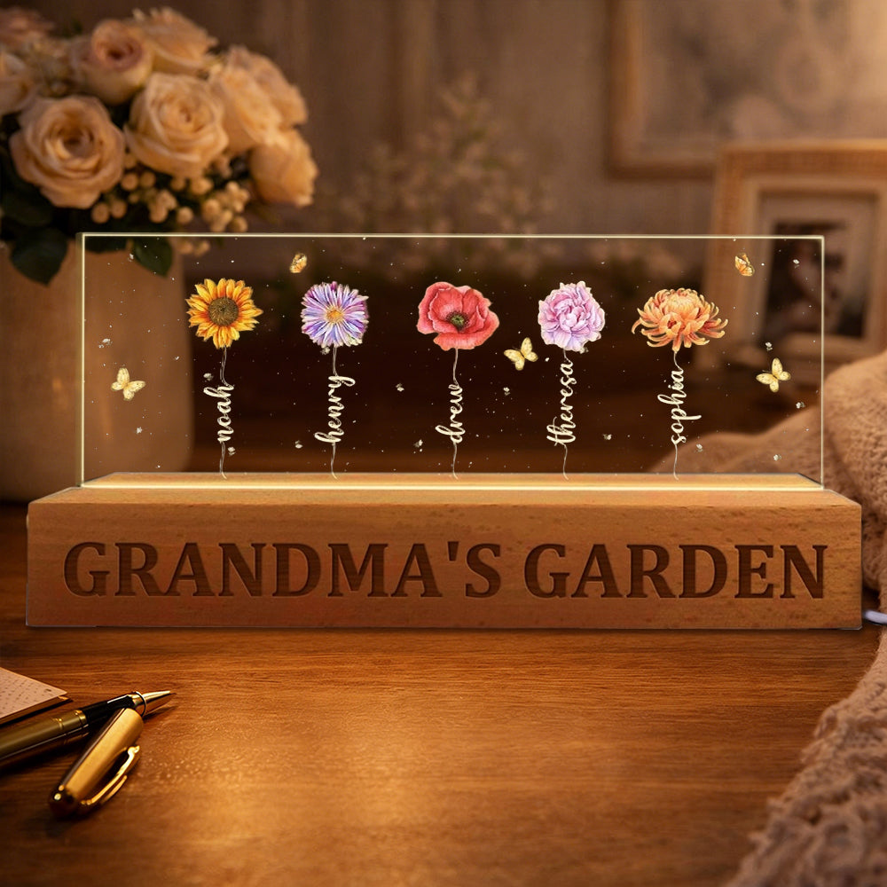 Custom Grandma's Garden Birth Flower Wood Night Light Unique Gift For Mom Grandma Christmas Gift Idea