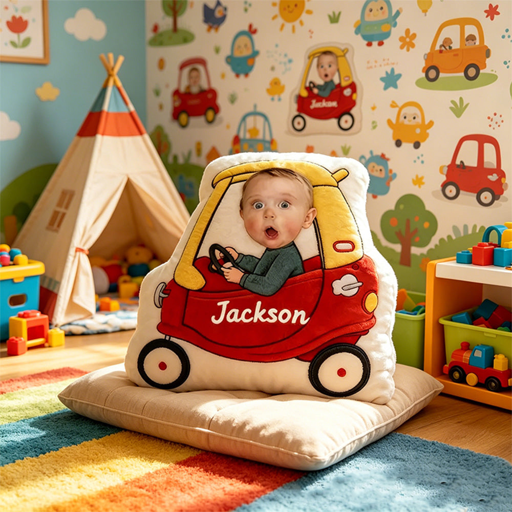 Personalized Vehicle Pillow with Photo and Name – Cute Car-Shaped Cushion for Kids