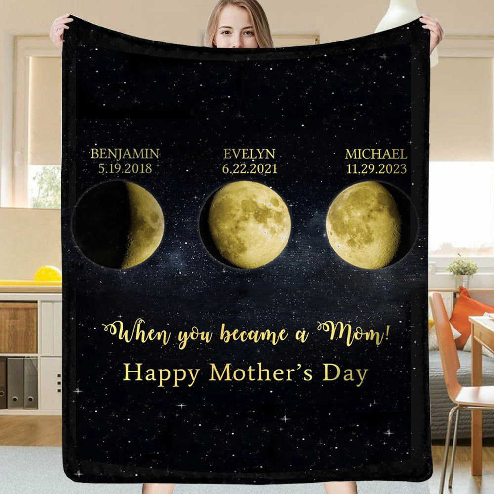 Personalized When You Became a Mom Moon Phase by Date Blanket with Kids Names Mother's Day Gift