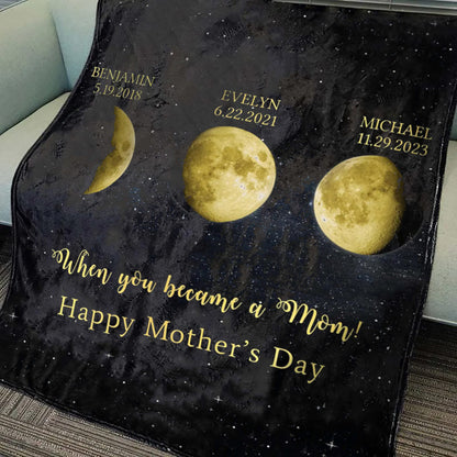 Personalized When You Became a Mom Moon Phase by Date Blanket with Kids Names Mother's Day Gift