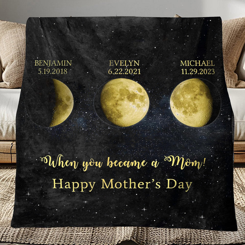 Personalized When You Became a Mom Moon Phase by Date Blanket with Kids Names Mother's Day Gift