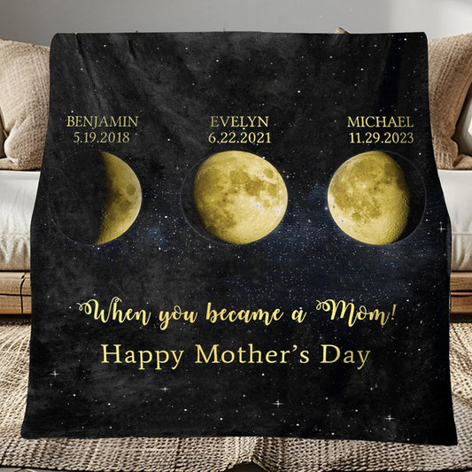 Personalized When You Became a Mom Moon Phase by Date Blanket with Kids Names Mother's Day Gift