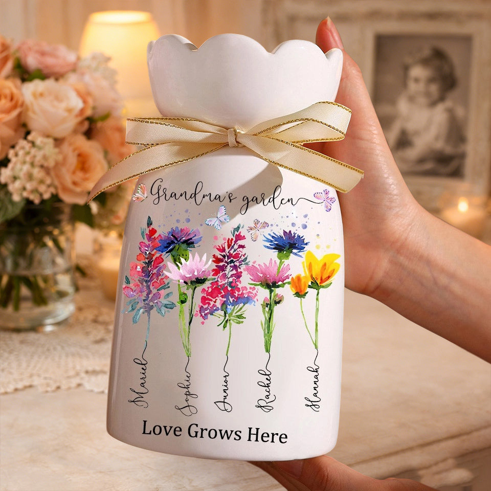Personalized Grandma’s Garden Birth Month Flower Vase – Custom Grandkids’ Names, Keepsake Gift for Mom or Grandma