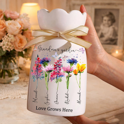 Personalized Grandma’s Garden Birth Month Flower Vase – Custom Grandkids’ Names, Keepsake Gift for Mom or Grandma