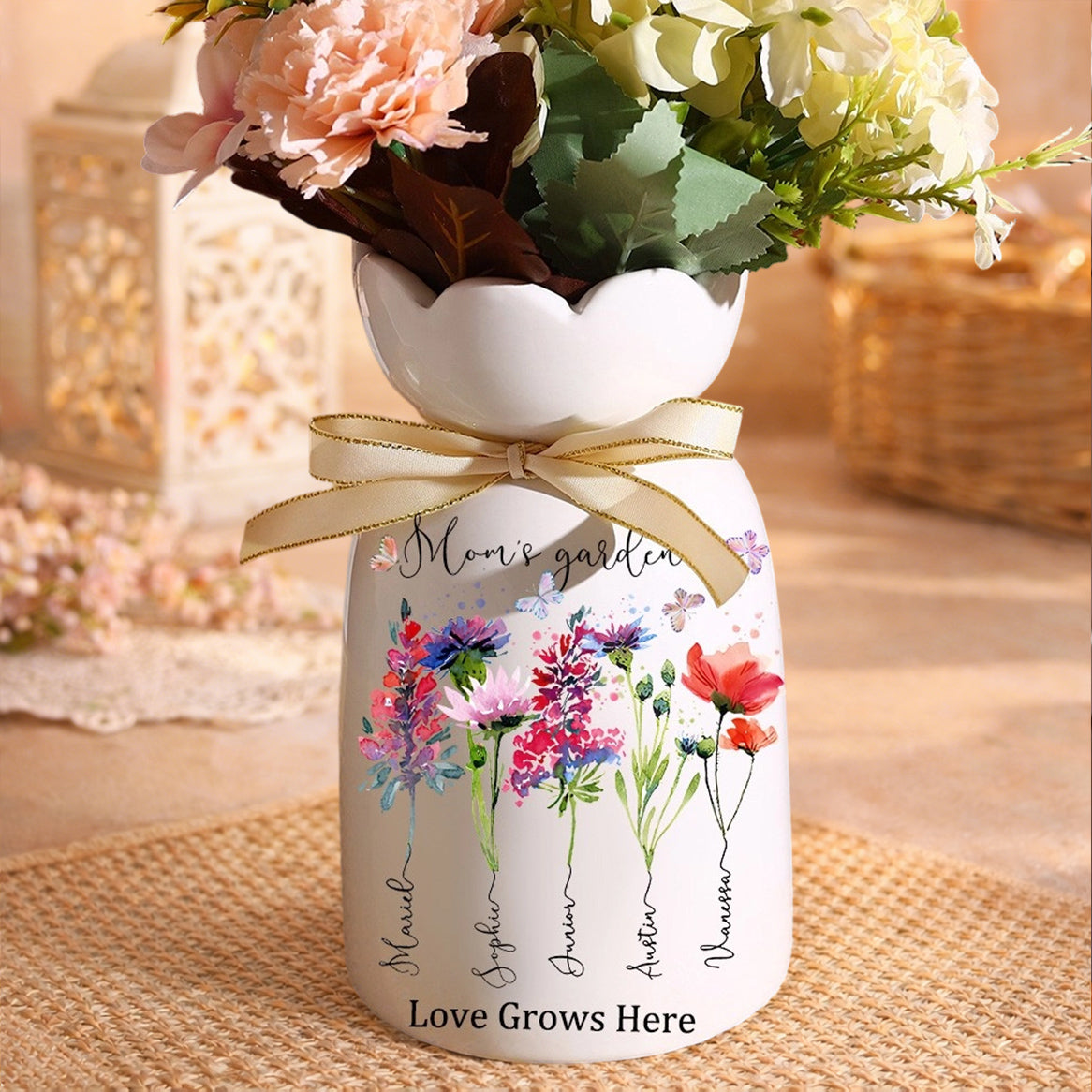 Personalized Grandma’s Garden Birth Month Flower Vase – Custom Grandkids’ Names, Keepsake Gift for Mom or Grandma