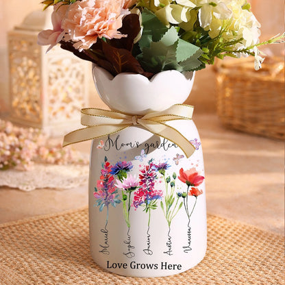 Personalized Grandma’s Garden Birth Month Flower Vase – Custom Grandkids’ Names, Keepsake Gift for Mom or Grandma