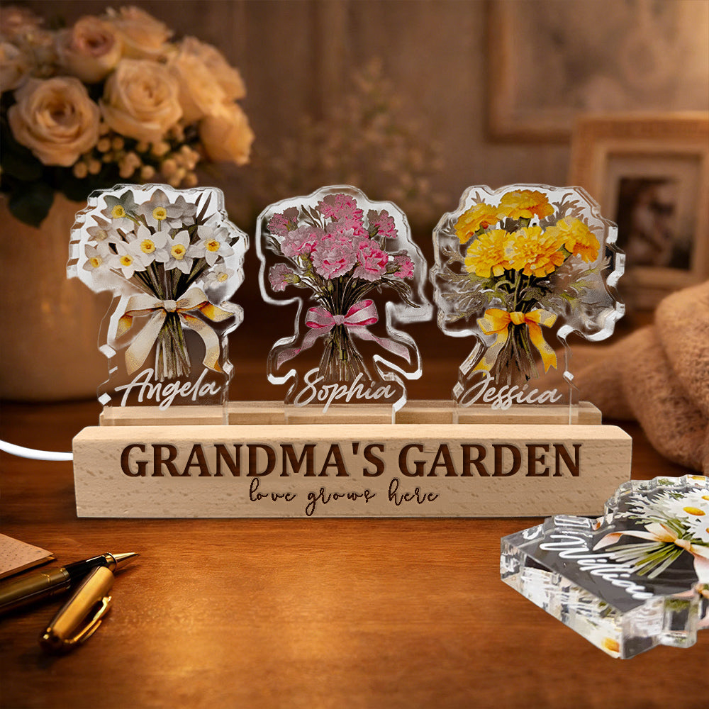 Mom's Garden Custom Birth Month Flower Bouquet Night Light with Kids Names for Mom Mother's Day Gift Ideas