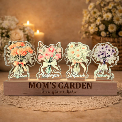 Mom's Garden Custom Birth Month Flower Bouquet Night Light with Kids Names for Mom Mother's Day Gift Ideas