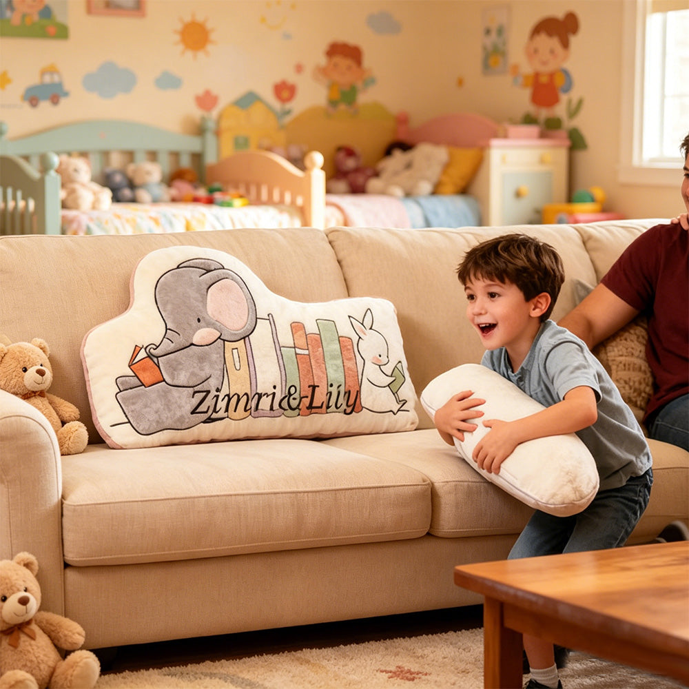 Personalized Elephant and Rabbit Book Buddy Pillow with Custom Name, Cute Reading Throw Cushion, Gift for Kids & Book Lovers
