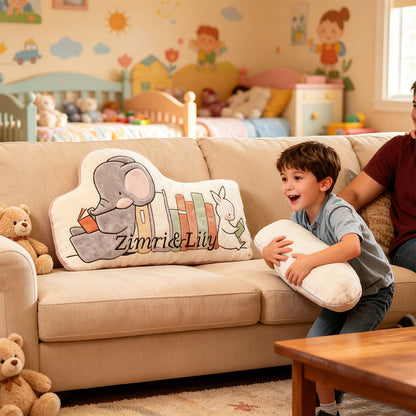 Personalized Elephant and Rabbit Book Buddy Pillow with Custom Name, Cute Reading Throw Cushion, Gift for Kids & Book Lovers