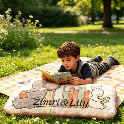 Personalized Elephant and Rabbit Book Buddy Pillow with Custom Name, Cute Reading Throw Cushion, Gift for Kids & Book Lovers