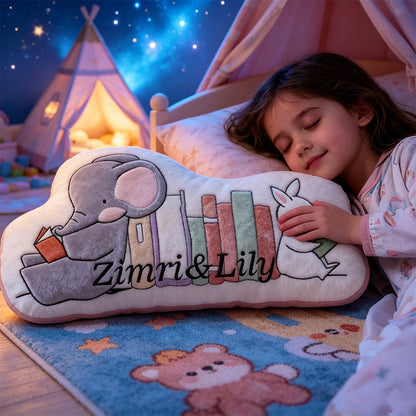 Personalized Elephant and Rabbit Book Buddy Pillow with Custom Name, Cute Reading Throw Cushion, Gift for Kids & Book Lovers