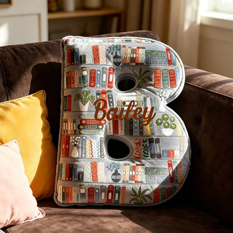 Personalized Bookish Alphabet Pillow with Custom Name, Reading Letter Throw Cushion, Gift for Book Lovers & Home Decor