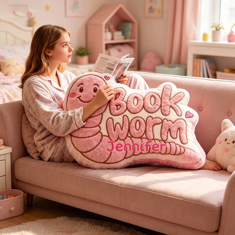 Personalized Bookworm Caterpillar Pillow with Custom Name, Cute Reading Throw Cushion, Gift for Book Lovers & Kids