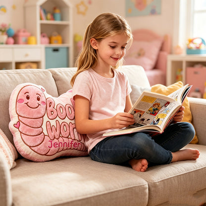 Personalized Bookworm Caterpillar Pillow with Custom Name, Cute Reading Throw Cushion, Gift for Book Lovers & Kids