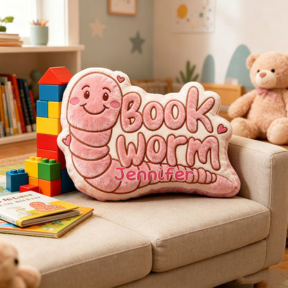 Personalized Bookworm Caterpillar Pillow with Custom Name, Cute Reading Throw Cushion, Gift for Book Lovers & Kids