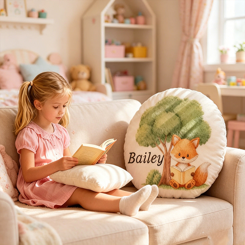 Personalized Forest Friends Reading Pillow with Custom Name, Cute Woodland Animal Throw Cushion, Gift for Book Lovers & Kids