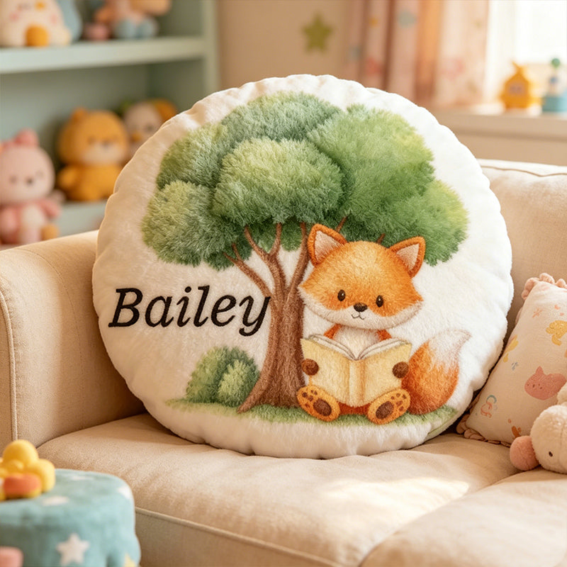 Personalized Forest Friends Reading Pillow with Custom Name, Cute Woodland Animal Throw Cushion, Gift for Book Lovers & Kids