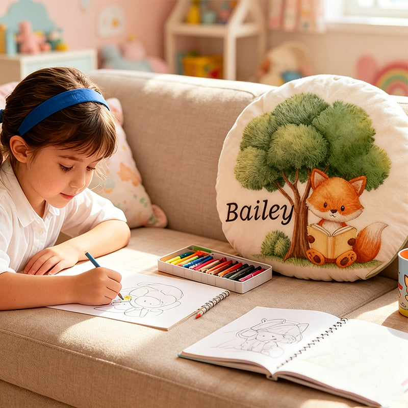 Personalized Forest Friends Reading Pillow with Custom Name, Cute Woodland Animal Throw Cushion, Gift for Book Lovers & Kids