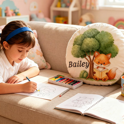Personalized Forest Friends Reading Pillow with Custom Name, Cute Woodland Animal Throw Cushion, Gift for Book Lovers & Kids