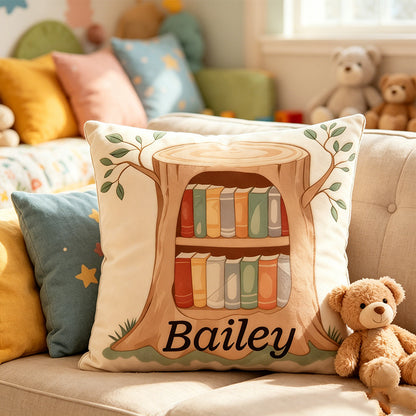 Personalized Storytime Tree Pillow with Custom Name, Cute Reading Tree Throw Cushion, Gift for Book Lovers & Kids