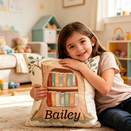 Personalized Storytime Tree Pillow with Custom Name, Cute Reading Tree Throw Cushion, Gift for Book Lovers & Kids