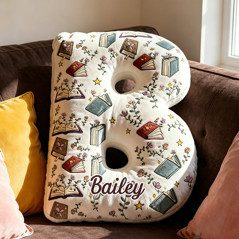 Personalized Floral Book Alphabet Pillow with Custom Name, Cute Bookworm Letter Throw Cushion, Gift for Book Lovers & Kids