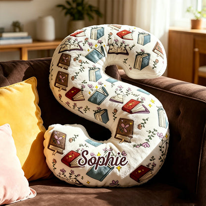 Personalized Floral Book Alphabet Pillow with Custom Name, Cute Bookworm Letter Throw Cushion, Gift for Book Lovers & Kids