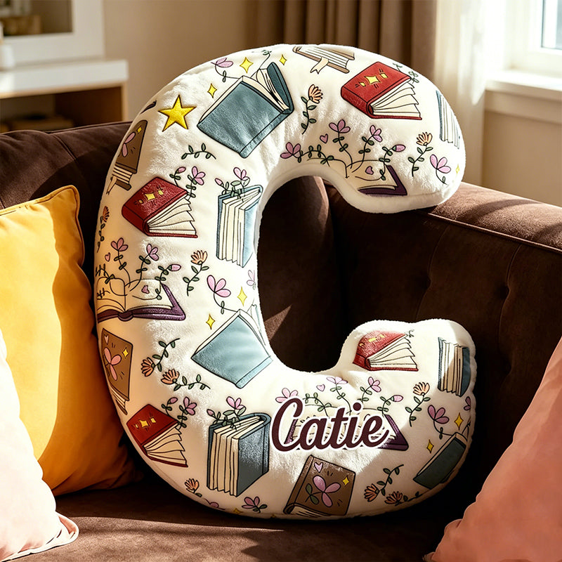 Personalized Floral Book Alphabet Pillow with Custom Name, Cute Bookworm Letter Throw Cushion, Gift for Book Lovers & Kids