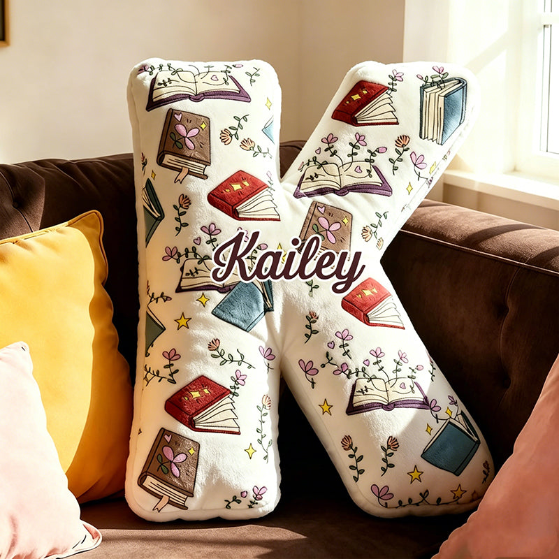 Personalized Floral Book Alphabet Pillow with Custom Name, Cute Bookworm Letter Throw Cushion, Gift for Book Lovers & Kids